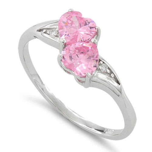 S/S Pink CZ Double Heart Shape Ring