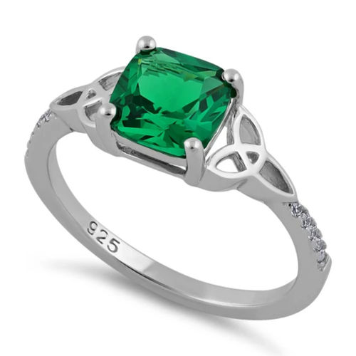S/S Square Emerald Green CZ Celtic Ring