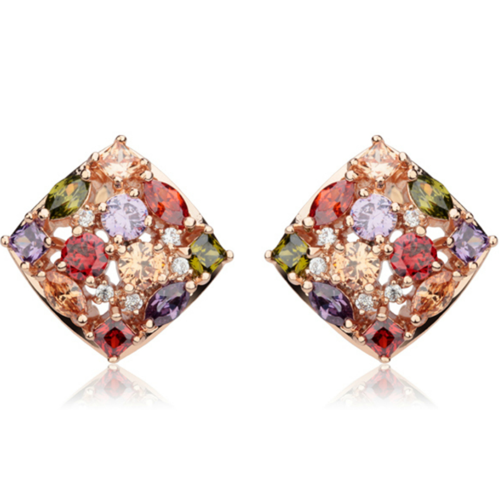 Square shaped omega back earrings with multi colour cubic zirconias and 18ct rose gold finish - AnjasMagicBox.co.uk - The Goldmine