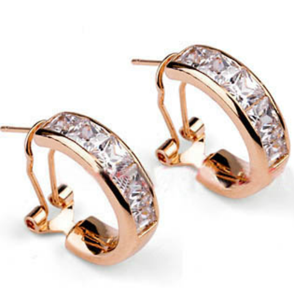 Rose gold finish omega back stud earrings with clear cubic zirconias - AnjasMagicBox.co.uk - The Goldmine