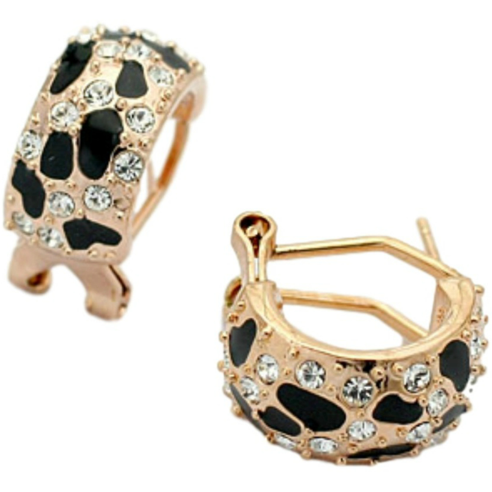 Rose Gold finish omega back earrings with clear cubic zirconias and black enamel - AnjasMagicBox.co.uk - The Goldmine